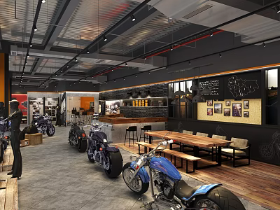 Modern Motorcycle Showroom Interior With Multiple Motorcycles Tables Chairs And Wall Decorations 3d model