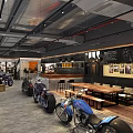 Modern Motorcycle Showroom Interior With Multiple Motorcycles Tables Chairs And Wall Decorations