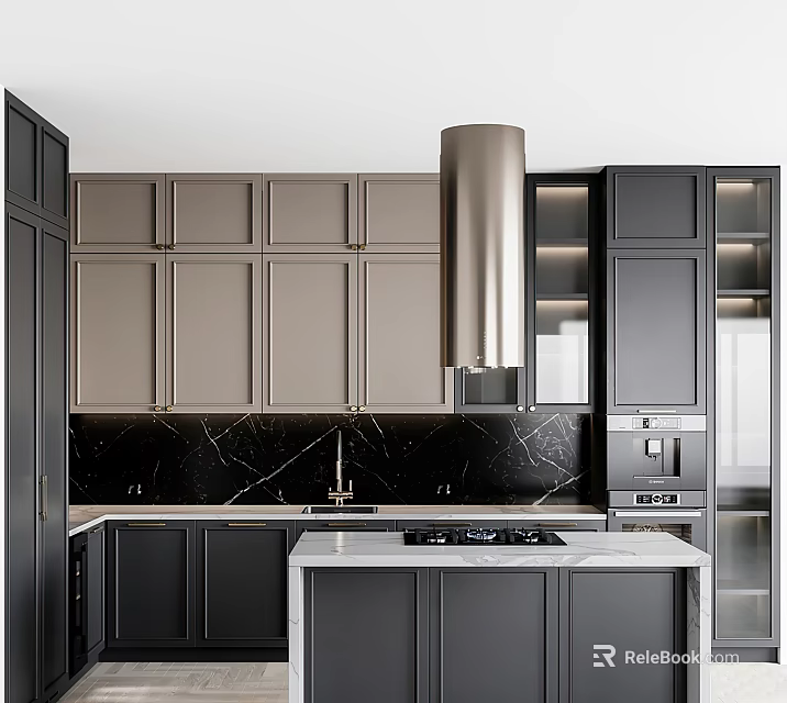Modern Kitchen Interior Design With Dark Light Cabinets Marble Backsplash And Island 3d model 