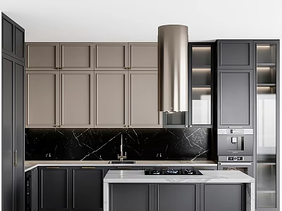 Modern Kitchen Interior Design With Dark Light Cabinets Marble Backsplash And Island 3d model