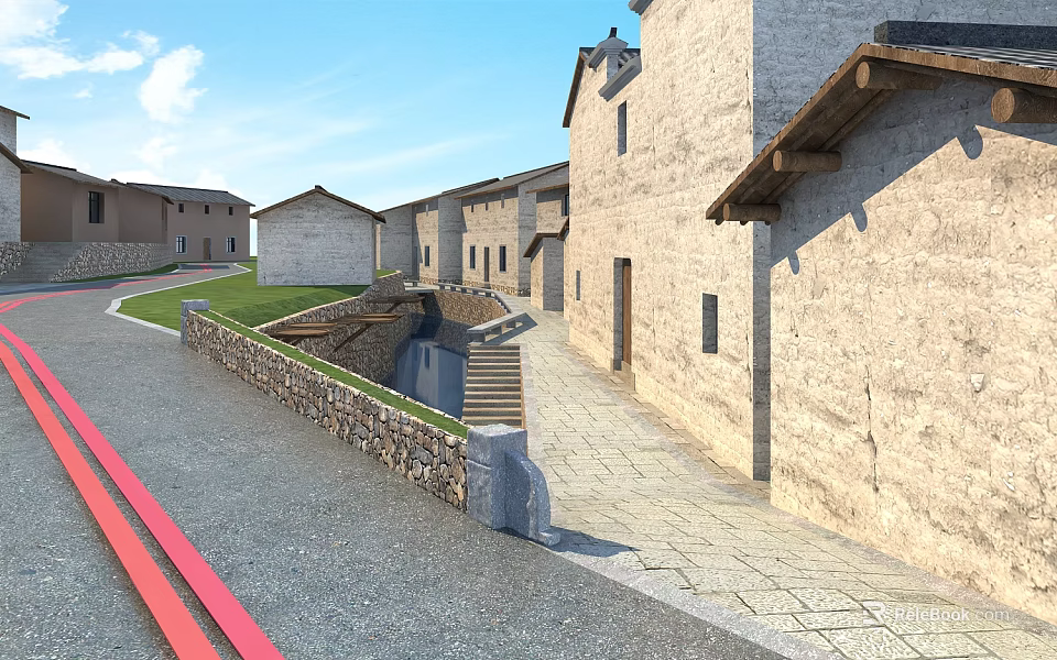 Traditional Stone Houses With Stone Pathway Stone Walls Sunken Steps And Grass Area 3d model 