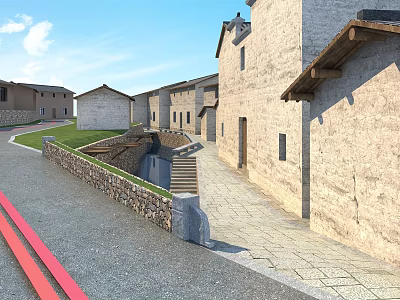 Traditional Stone Houses With Stone Pathway Stone Walls Sunken Steps And Grass Area 3d model