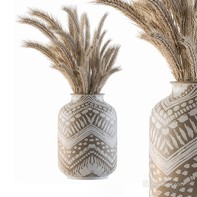 Decorative Vases With Dried Wheat Stems And Geometric Patterns For Home Decor 3d model 