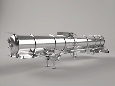 Silver Long Cylindrical Industrial Tank With Metal Supports And Stable Structure 3d model