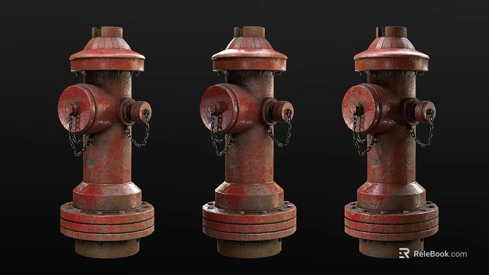 Three Red Rusty Vintage Fire Hydrants with Chains Arranged in a Row 3d model