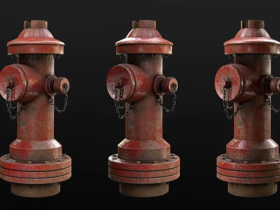 Three Red Rusty Vintage Fire Hydrants with Chains Arranged in a Row 3d model
