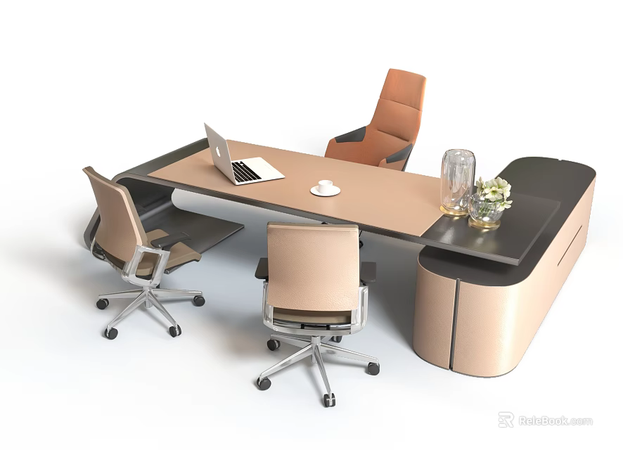 Modern Office Desk Setup With Three Chairs Laptop Coffee Cup And Decorative Vase 3d model 