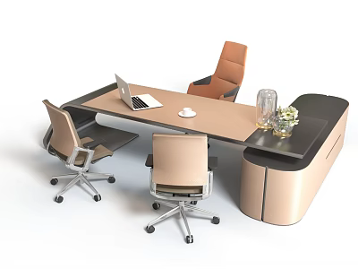 Modern Office Desk Setup With Three Chairs Laptop Coffee Cup And Decorative Vase 3d model