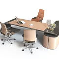 Modern Office Desk Setup With Three Chairs Laptop Coffee Cup And Decorative Vase