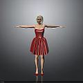 Woman In Red Strapless Dress With Blonde Short Hair And Arms Outstretched In Gray Background