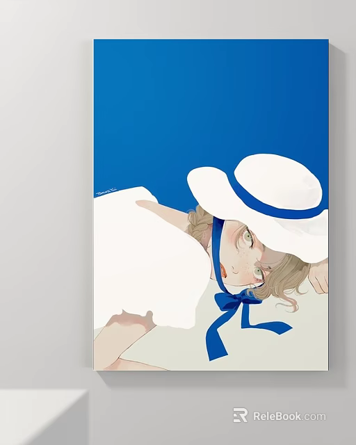 Portrait Illustration of a Blonde Girl with White Hat and Blue Ribbon against Blue Background 3d model 