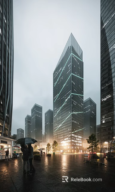 Modern High Rise Office Building With Glass Curtain Wall Within Urban Skyline Featuring Lighting Effects 3d model 