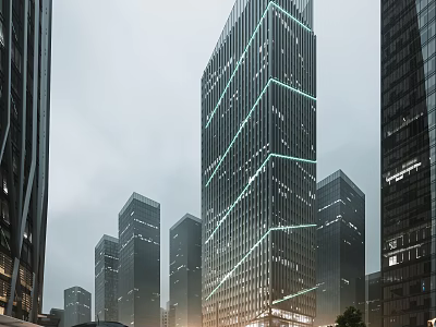 Modern High Rise Office Building With Glass Curtain Wall Within Urban Skyline Featuring Lighting Effects 3d model