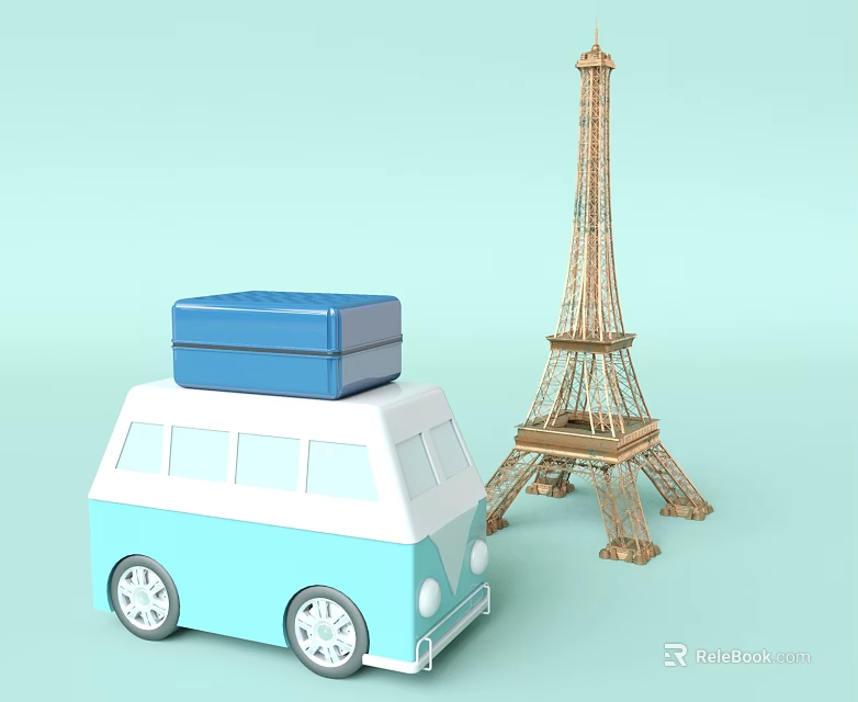 Cartoon Scene Featuring Blue White Van Golden Eiffel Tower and Suitcase on Roof 3d model 