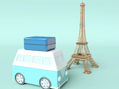 Cartoon Scene Featuring Blue White Van Golden Eiffel Tower and Suitcase on Roof 3d model