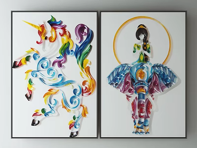 Vibrant Animal Paintings With Unicorn and Elephant Artistic Decorative Pieces 3d model