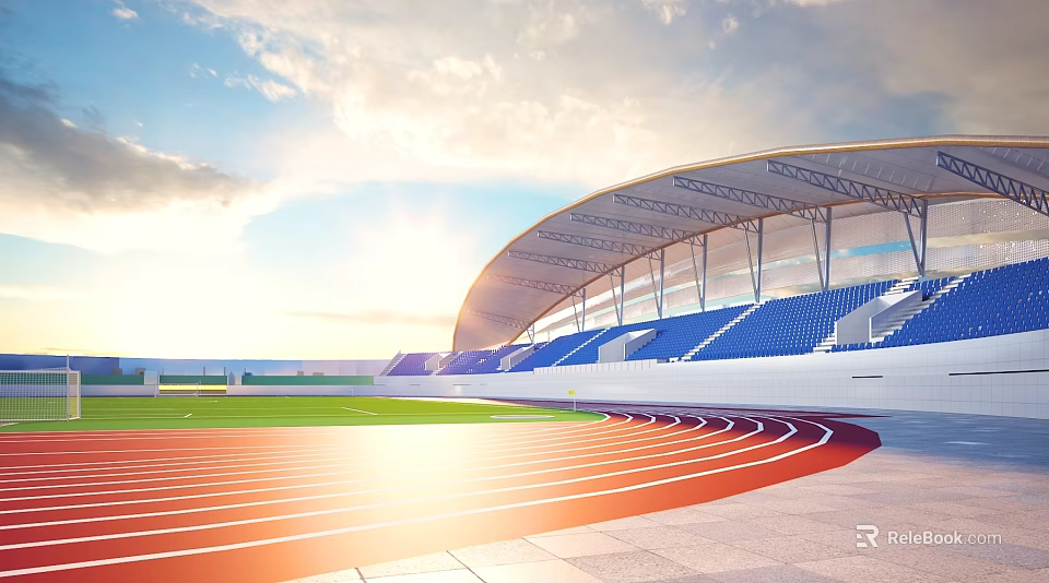 Sunlit Stadium Building With Red Running Track Blue Stands Green Lawn And Curved Roof 3d model 
