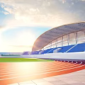 Sunlit Stadium Building With Red Running Track Blue Stands Green Lawn And Curved Roof
