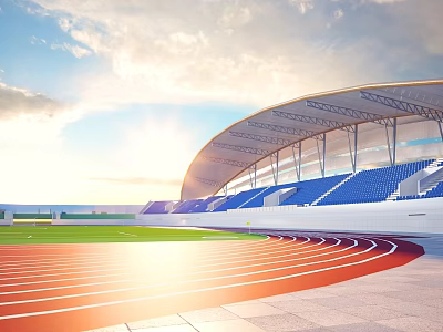 Sunlit Stadium Building With Red Running Track Blue Stands Green Lawn And Curved Roof 3d model