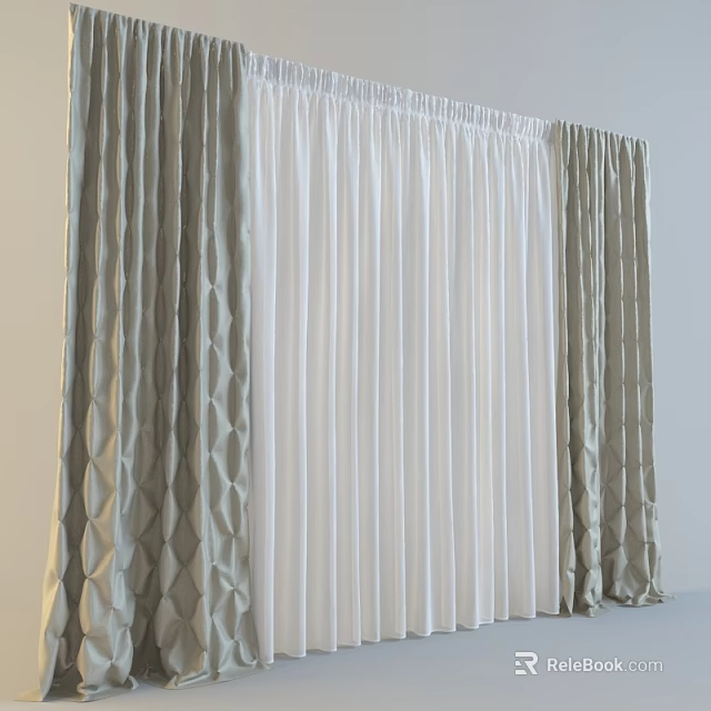 Beige Diamond Pattern Curtains With White Pleated Design For Modern Interior 3d model
