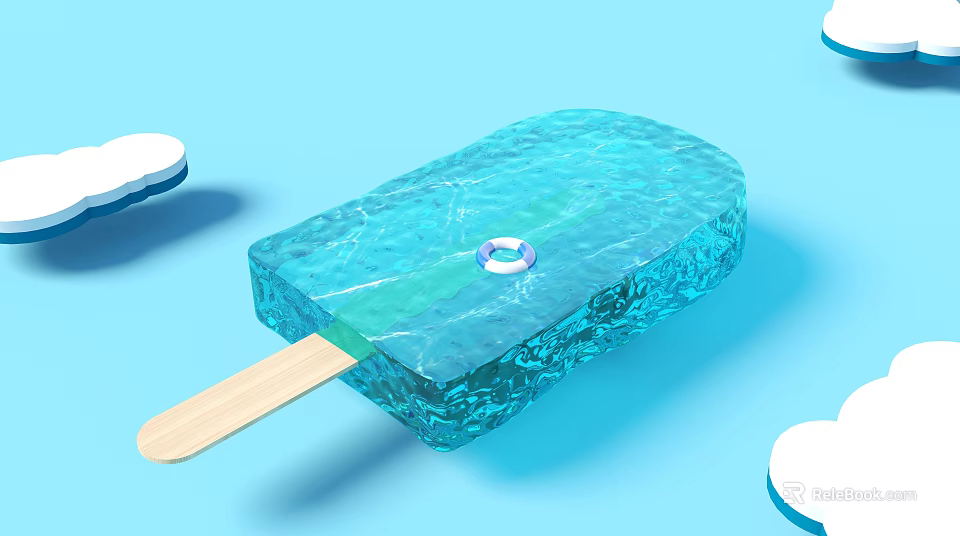 Transparent Blue Popsicle Shaped Commercial Equipment With Inner White Ring Wooden Stick And Cloud Elements 3d model 