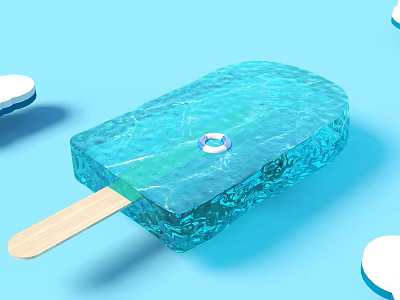 Transparent Blue Popsicle Shaped Commercial Equipment With Inner White Ring Wooden Stick And Cloud Elements 3d model