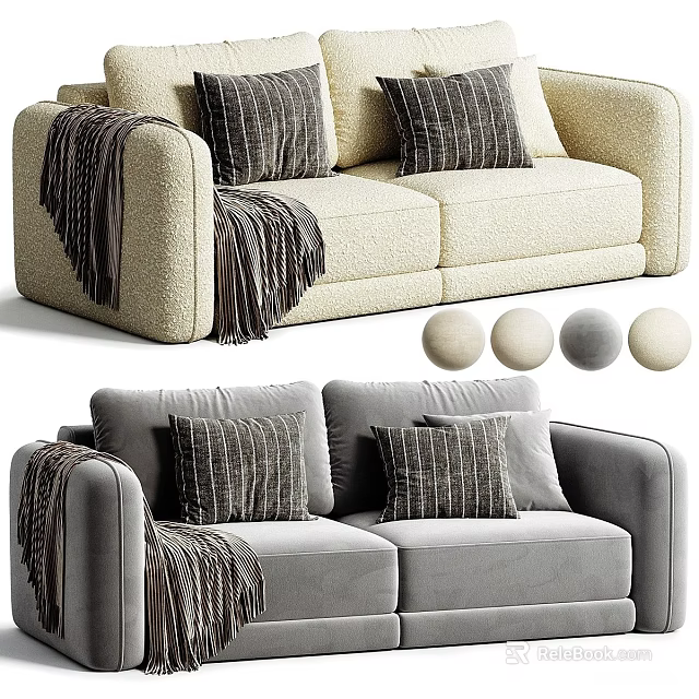 Plush Two Seater Sofa With Striped Pillows Fringed Blanket And Neutral Tones 3d model 