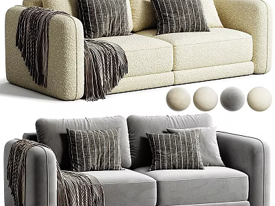 Plush Two Seater Sofa With Striped Pillows Fringed Blanket And Neutral Tones 3d model