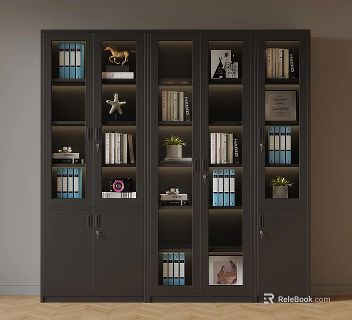 Modern Dark Colored Bookcase Interior With Books Decorative Items Small Plants And Ornaments 3d model 