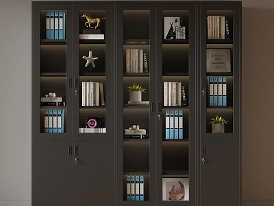 Modern Dark Colored Bookcase Interior With Books Decorative Items Small Plants And Ornaments 3d model