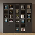 Modern Dark Colored Bookcase Interior With Books Decorative Items Small Plants And Ornaments