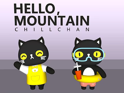 Hello Mountain Chillchan Black Cat Characters Wearing Yellow Apron And Goggles Holding Drink 3d model