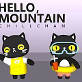 Hello Mountain Chillchan Black Cat Characters Wearing Yellow Apron And Goggles Holding Drink