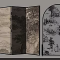 Traditional Chinese Foldable and Arched Screens Featuring Landscape and Rural Scene Patterns 3d model