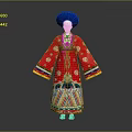 Traditional Red Embroidered Robe Costume With Blue Hat And Colorful Decorative Trim