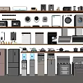 Various Types Of Home Appliances Displayed On Multiple Shelves With Modern Designs