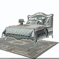 Elegant Double Bed With Carved Headboard Light Green Bedding And Decorative Pillows 3d model