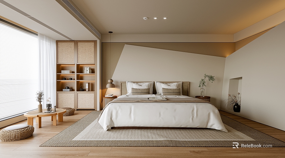 Modern Minimalist Hotel Room Interior With King Bed Wooden Furniture And Neutral Rug 3d model 