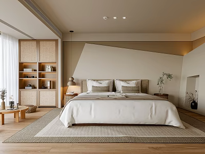 Modern Minimalist Hotel Room Interior With King Bed Wooden Furniture And Neutral Rug 3d model