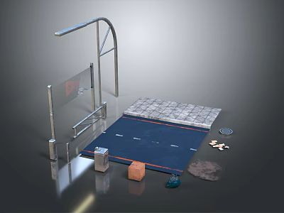 Sturdy Metal Railing In Outdoor Area With Tiled Floor And Blue Exercise Mat 3d model
