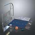 Sturdy Metal Railing In Outdoor Area With Tiled Floor And Blue Exercise Mat