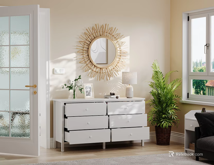 White Storage Cabinet With Drawers Golden Sunburst Mirror Table Lamp In Modern Bright Room 3d model 