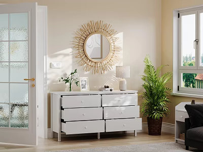 White Storage Cabinet With Drawers Golden Sunburst Mirror Table Lamp In Modern Bright Room 3d model