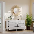 White Storage Cabinet With Drawers Golden Sunburst Mirror Table Lamp In Modern Bright Room
