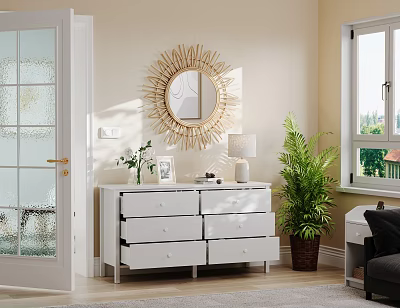 White Storage Cabinet With Drawers Golden Sunburst Mirror Table Lamp In Modern Bright Room 3d model