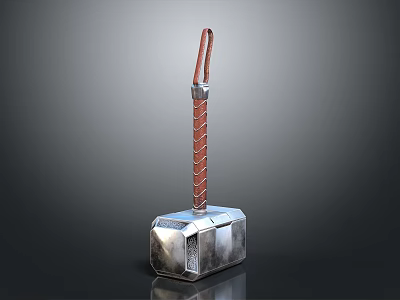 Medieval War Hammer With Silver Metal Head And Red Braided Leather Handle 3d model