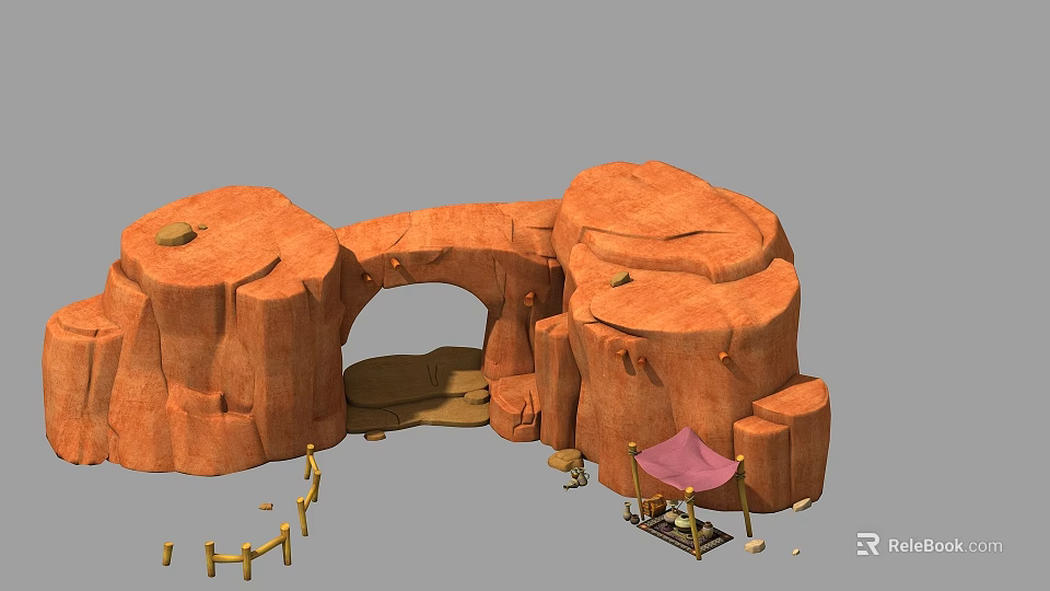Natural Rock Archway With Wooden Fence And Small Pavilion Structure 3d model 