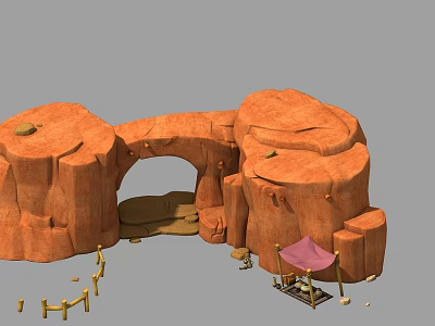 Natural Rock Archway With Wooden Fence And Small Pavilion Structure 3d model