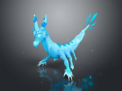 Blue Mythical Dragon Game Or Movie Character With Crystal Horns And Shimmering Fins 3d model