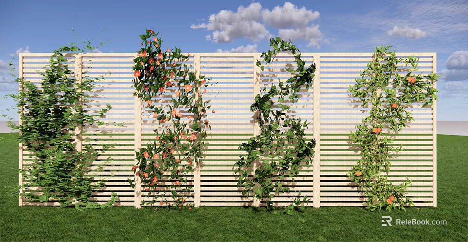 Lush Vines Climbing On White Wooden Fence With Orange Fruits And Green Grass Background 3d model 